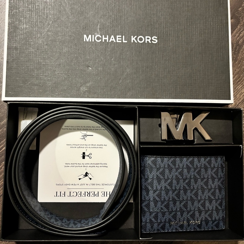 Michael Kors Blue Wallet and Black Belt Set